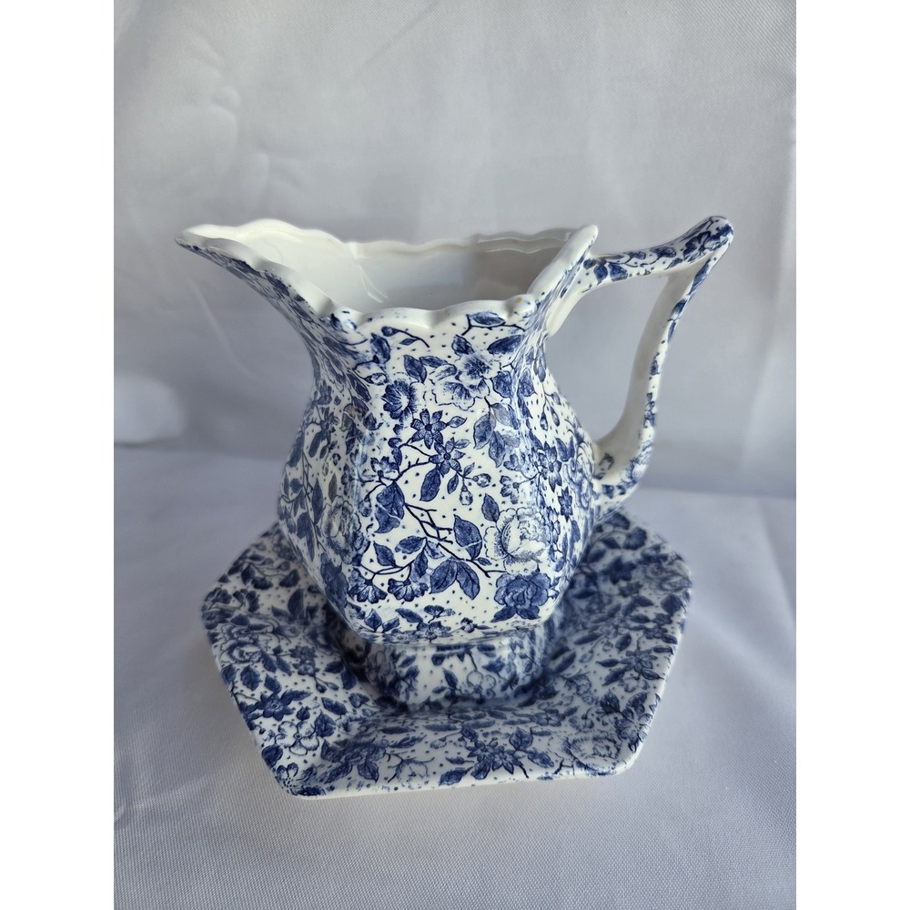 Vintage Enesco Japan Blue White Chintz Mini Pitcher Basin Creamer 2pc Set